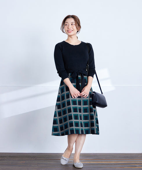 リボンベルト付きチェック柄ニットワンピース